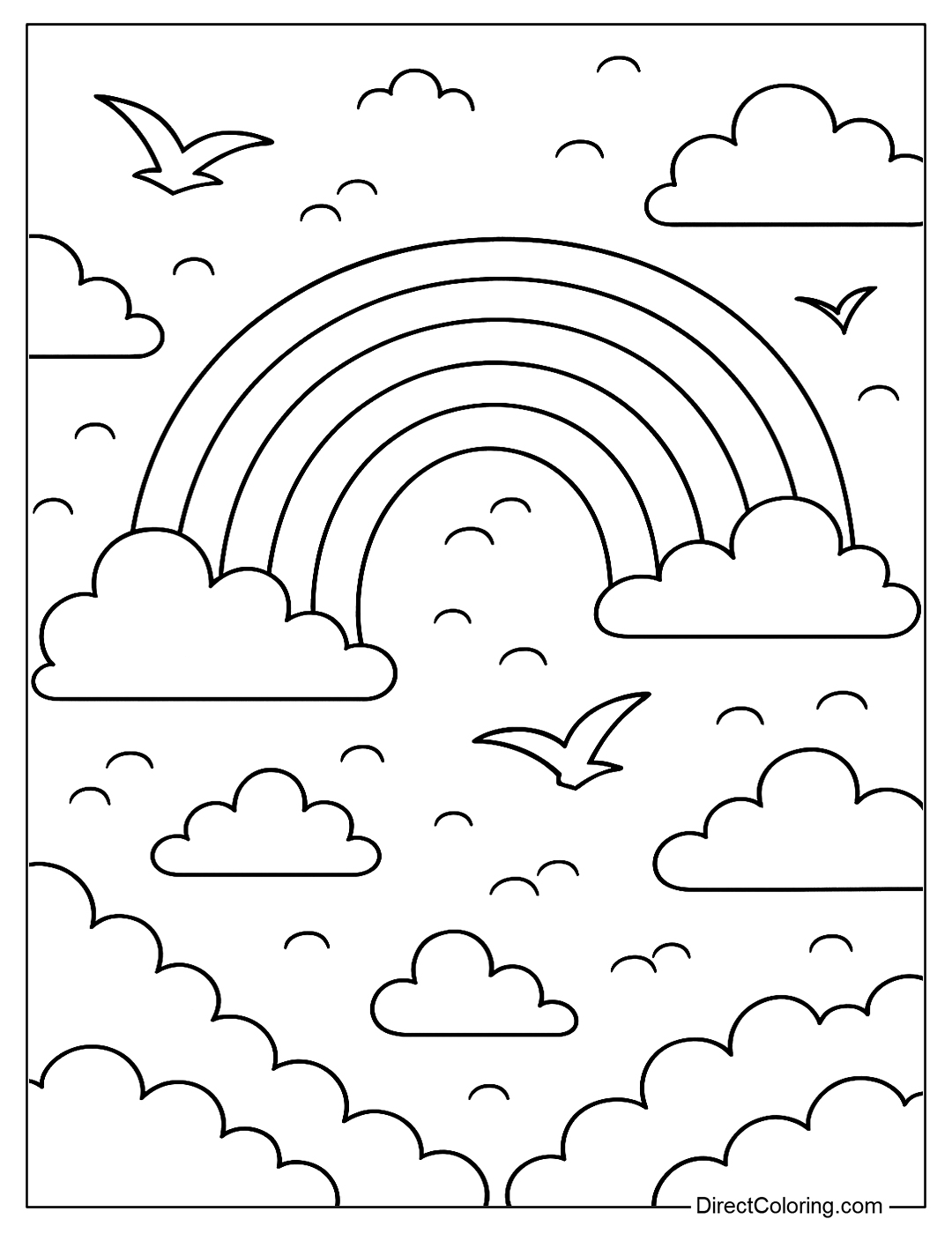 a June sky coloring page with a rainbow, white clouds, and flying birds